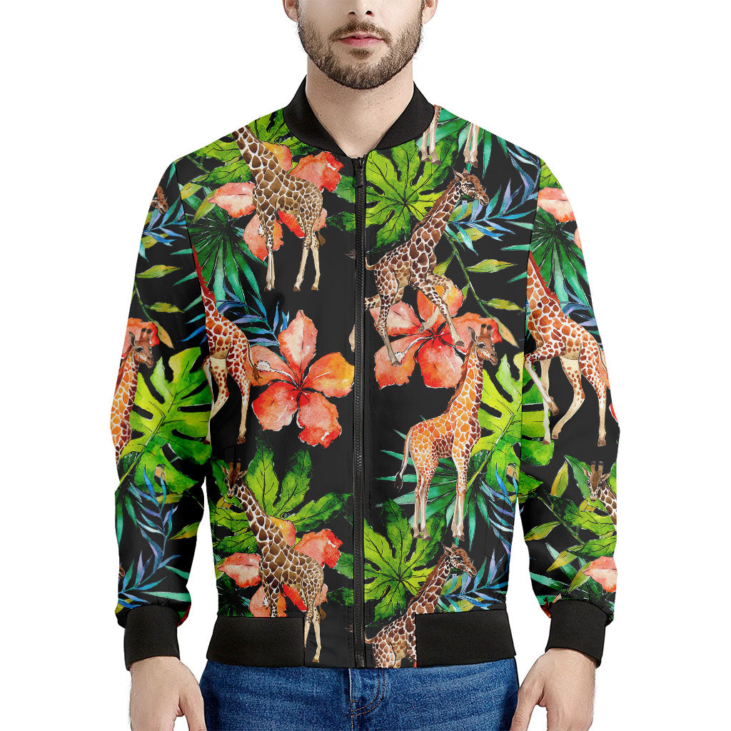 Black Tropical Giraffe Pattern Print Men's Bomber Jacket