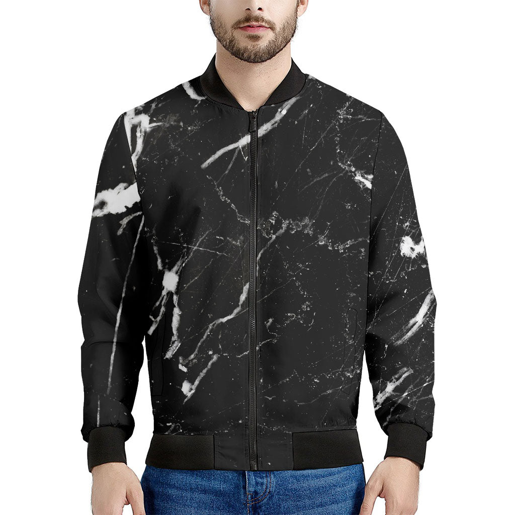 Black White Scratch Marble Print Men's Bomber Jacket