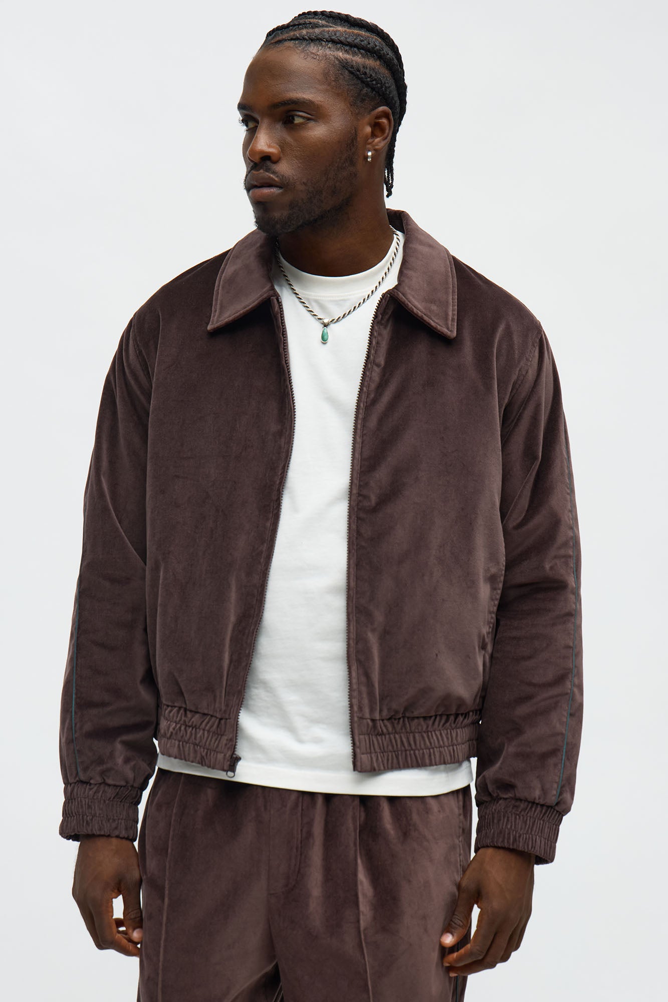 Brown Cropped Around The Track Faux Velour Piped Zip Jacket