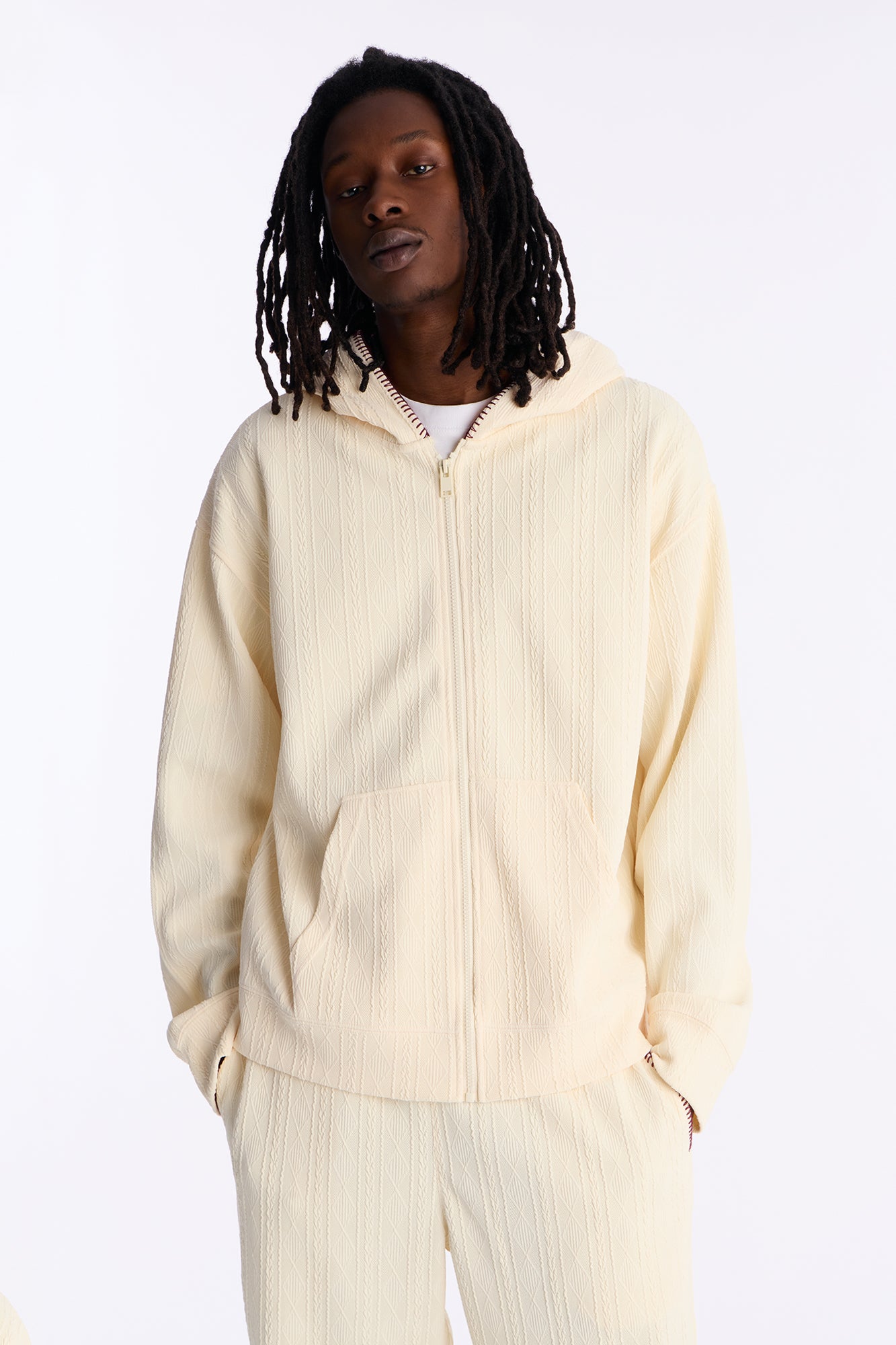 Cable Knit Textured Stitched Hooded Jacket in Cream