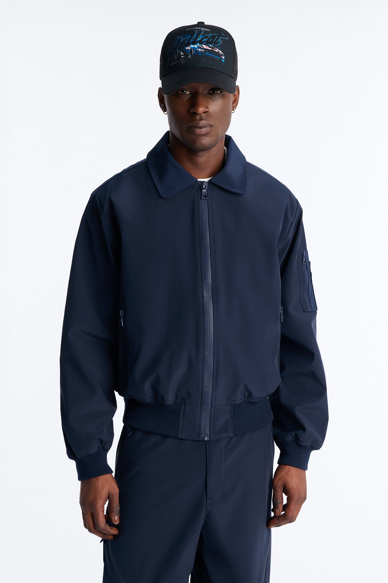 Cropped Relaxed Liberty Zip Bomber Jacket Navy - Women's Fashion