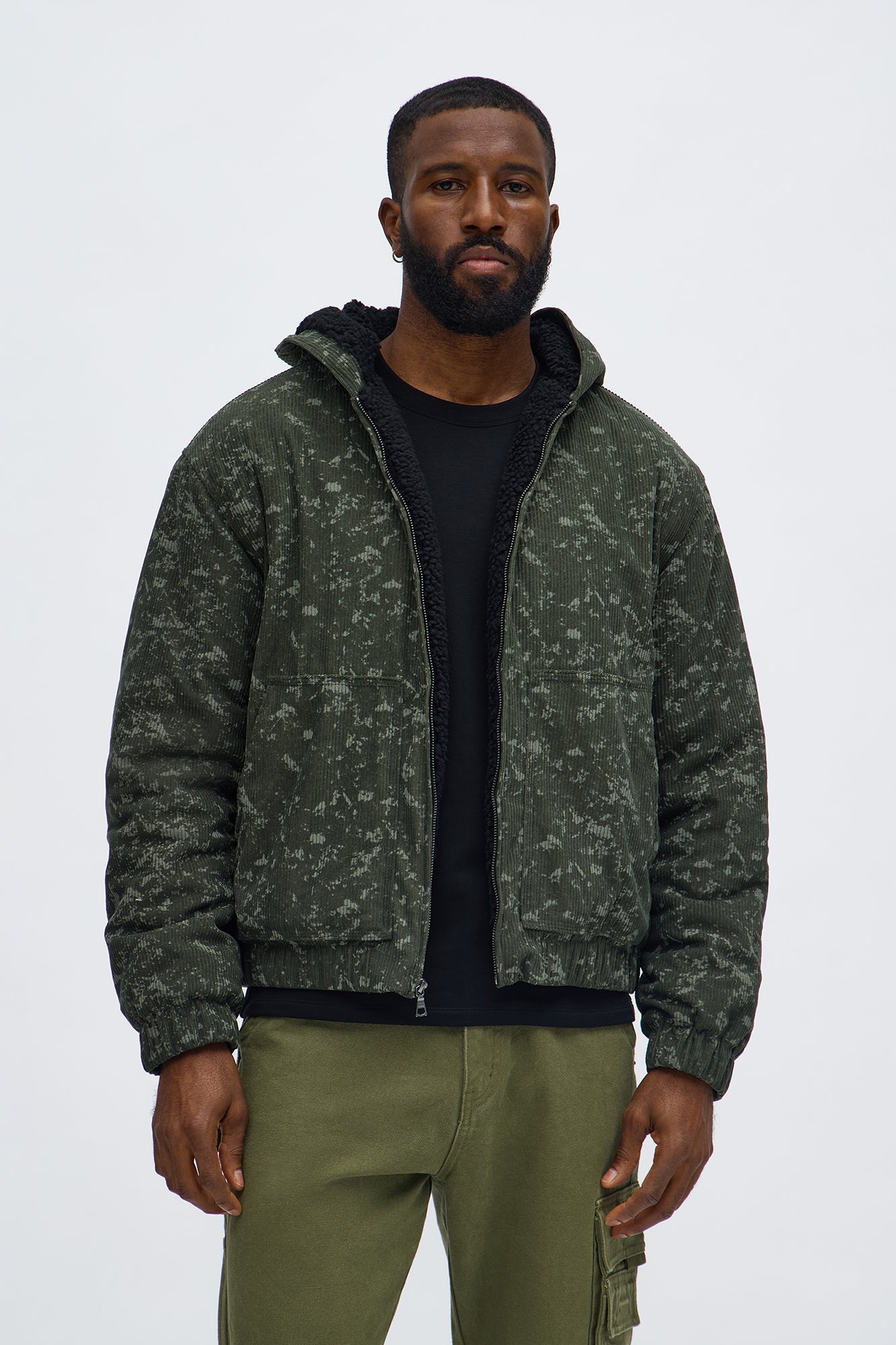 Oversized Corduroy Hooded Bomber Jacket in Olive Green