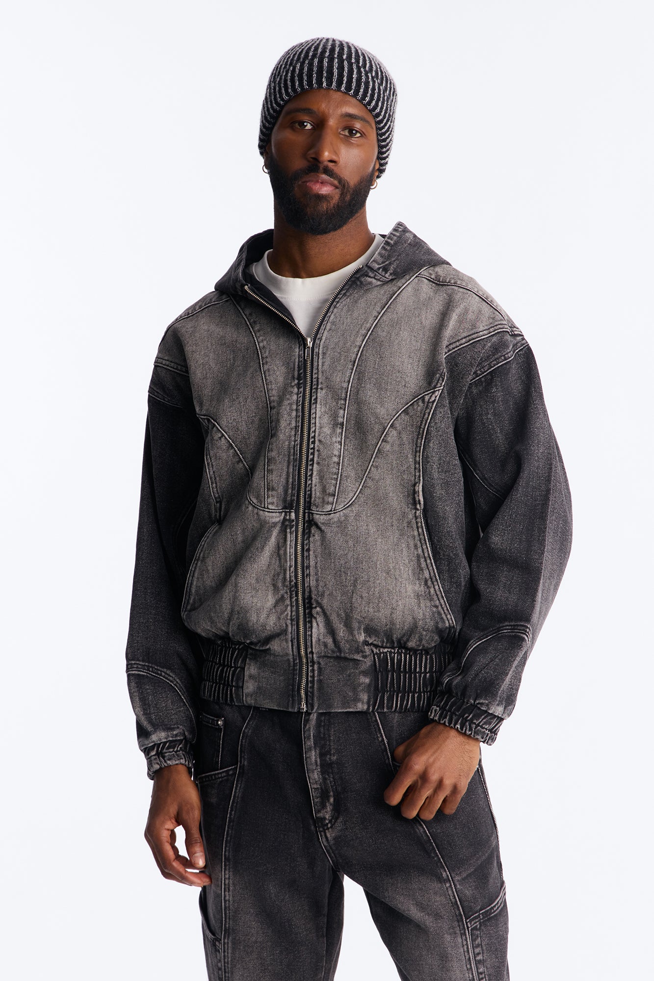 Panel Feeling It Denim Bomber Jacket in Black Wash