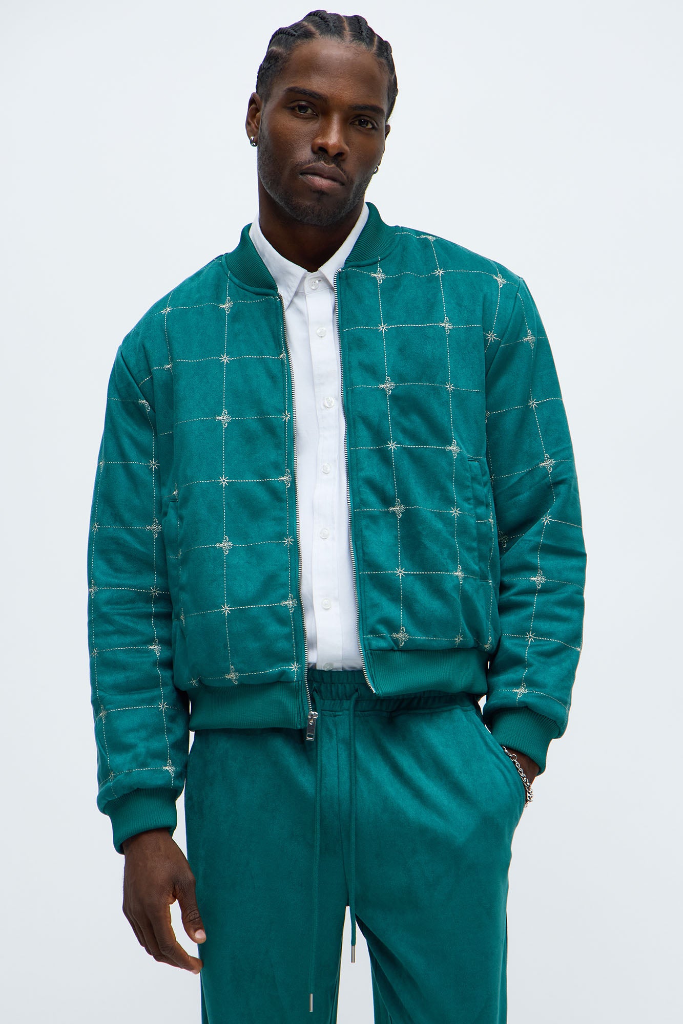 Relaxed Faux Velvet Buzzed Bomber Jacket in Green