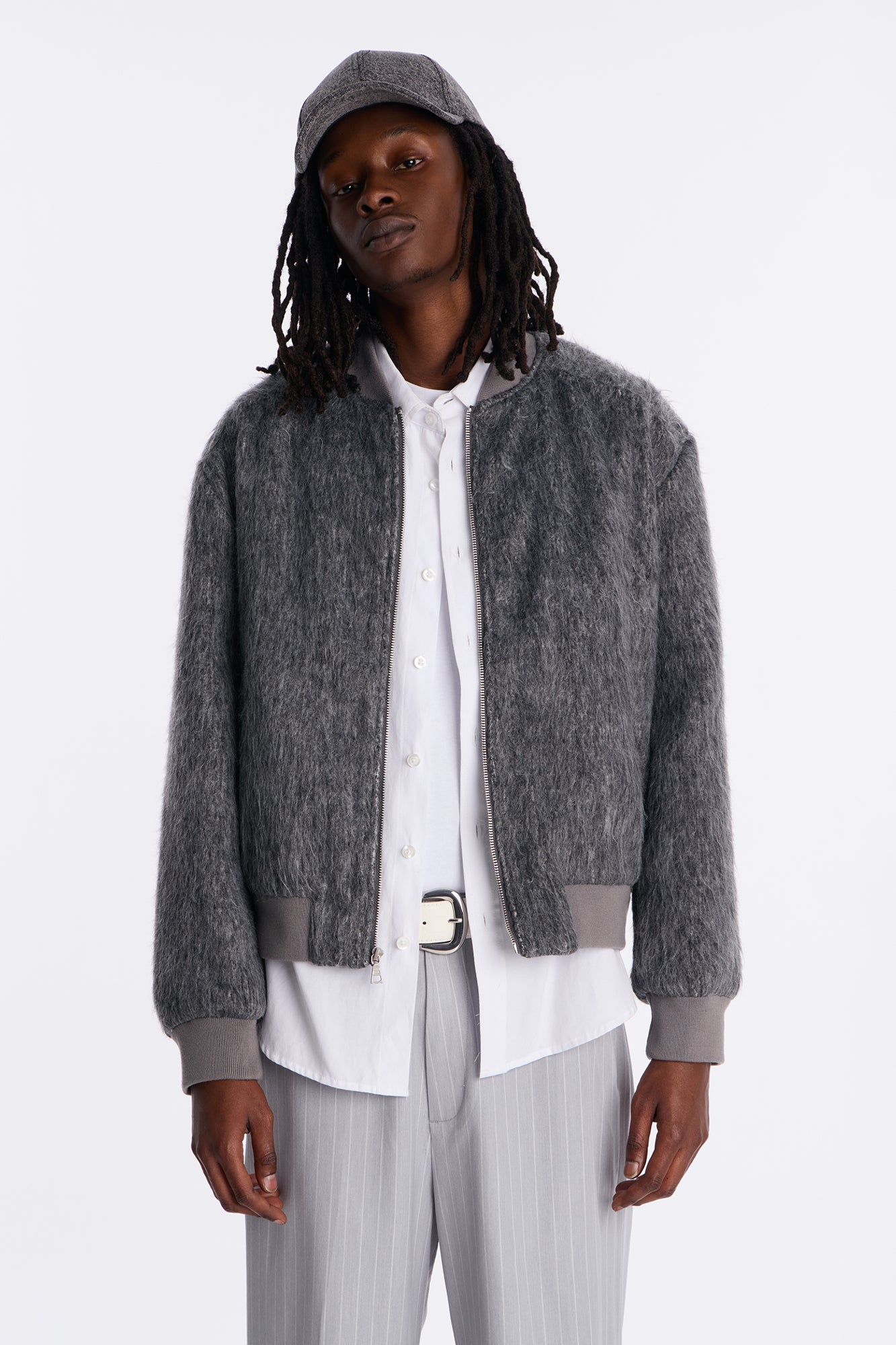 Relaxed Textured Mohair Bomber Jacket in Grey