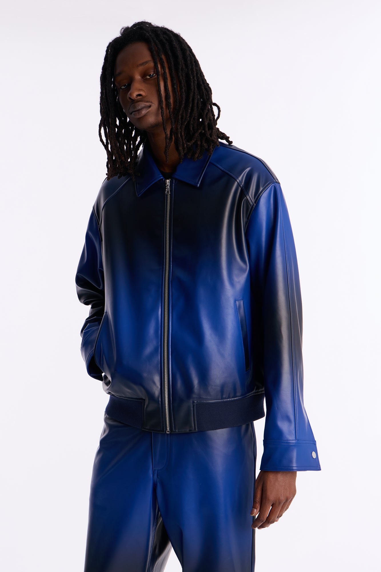 Relaxed Vintage Worn-In Ombre Bomber Jacket in Blue