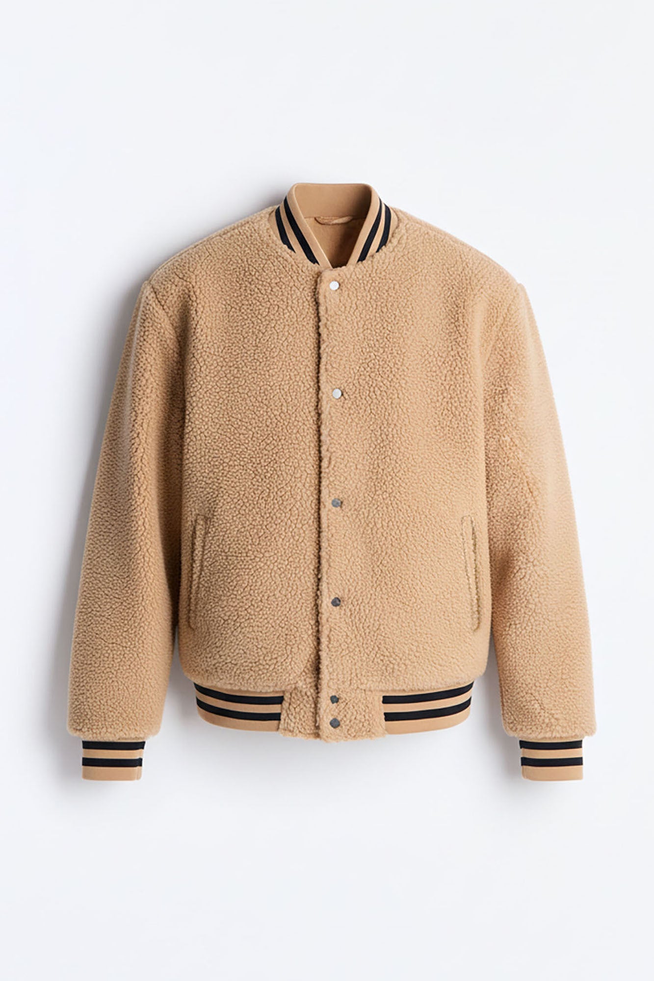 Teddy Varsity Sherpa Jacket - Taupe Faux Fur Warm Outerwear