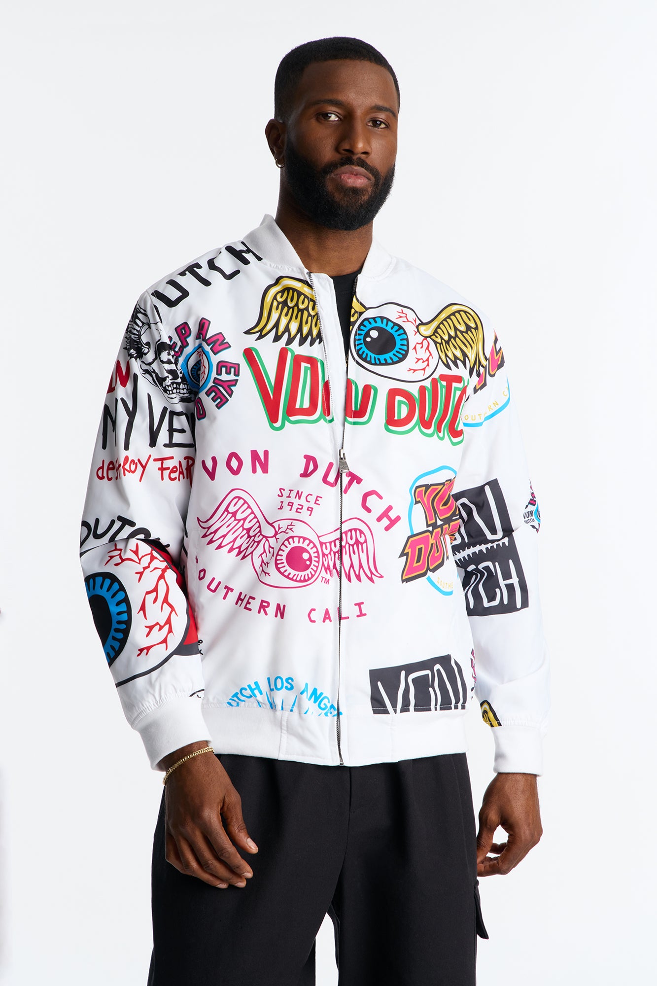 Von Dutch All Over Icon Print Puffer Bomber Jacket Multi Color