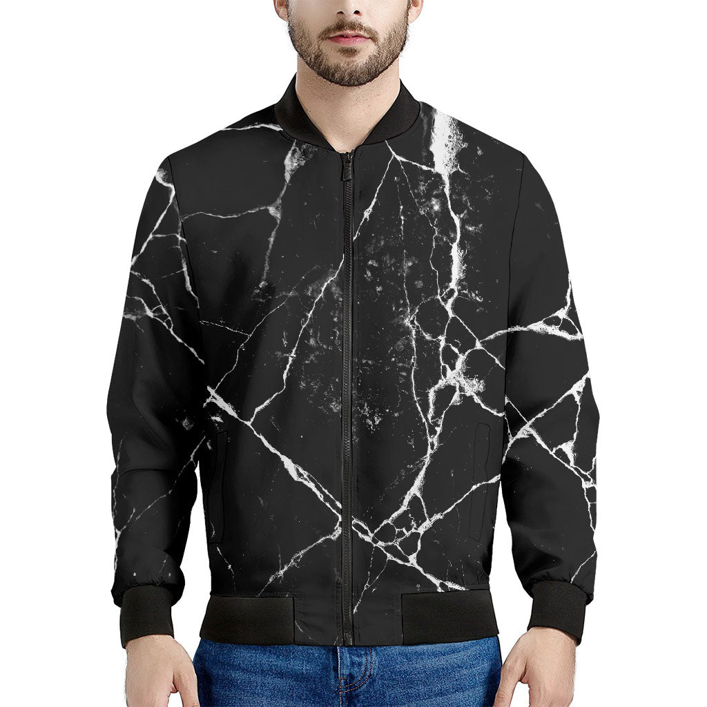 Black White Natural Marble Print Men's Bomber Jacket