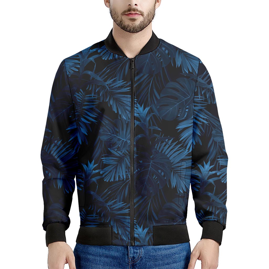 Dark Blue Tropical Leaf Pattern Print Men's Bomber Jacket