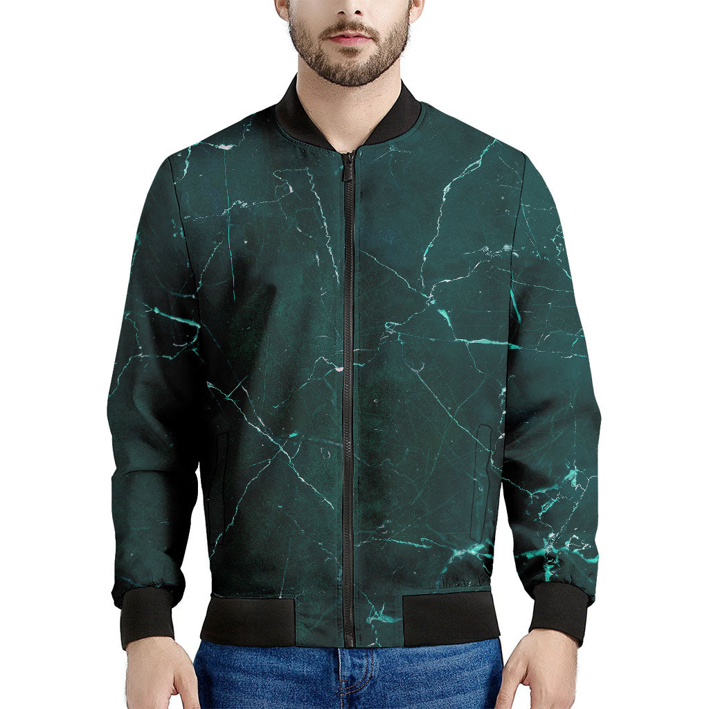 Dark Green Marble Print Men's Bomber Jacket